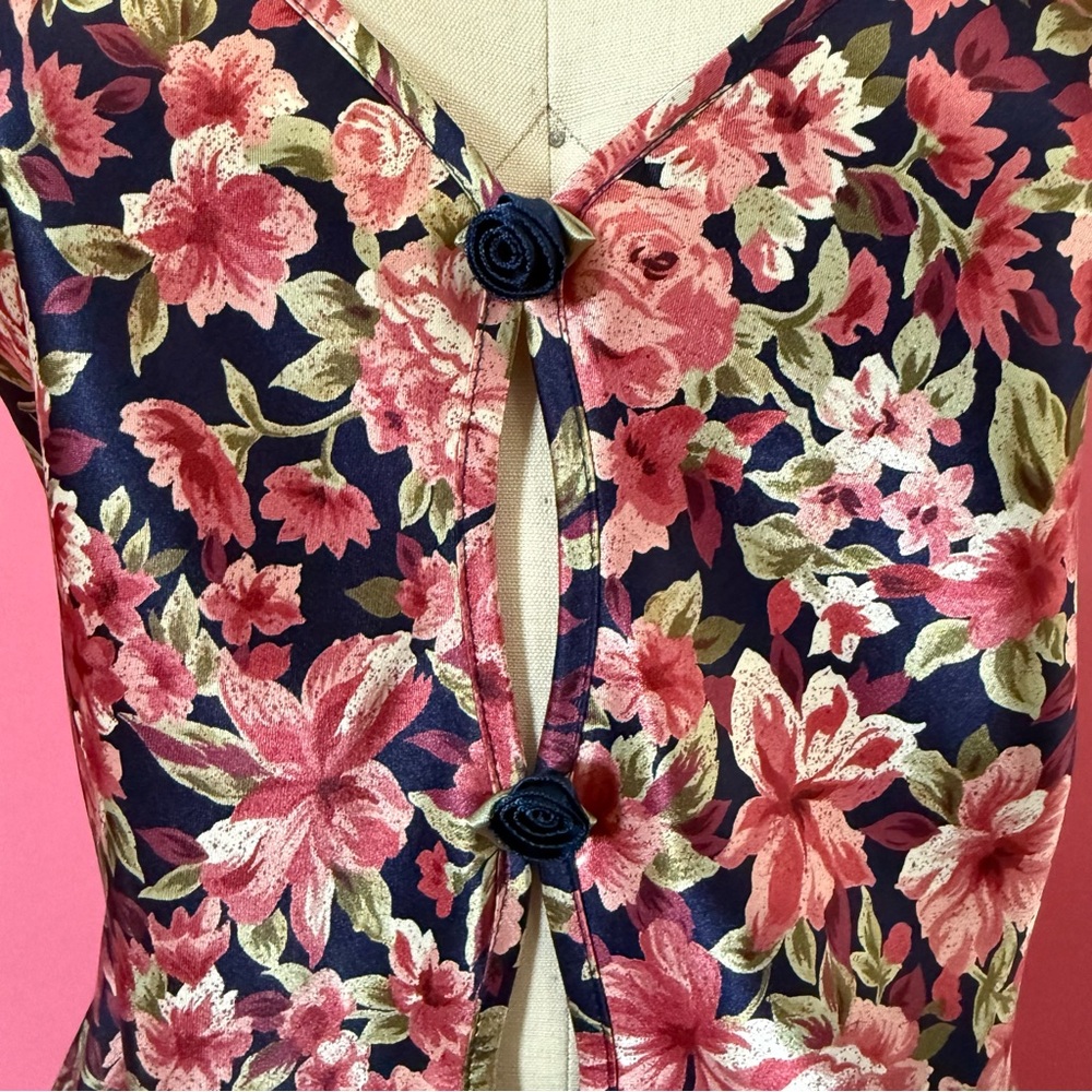Vintage 80s 90s Coquette Rosette Floral Slip Dress Navy Ruffle Mini Slip Dress S - Picture 6 of 15